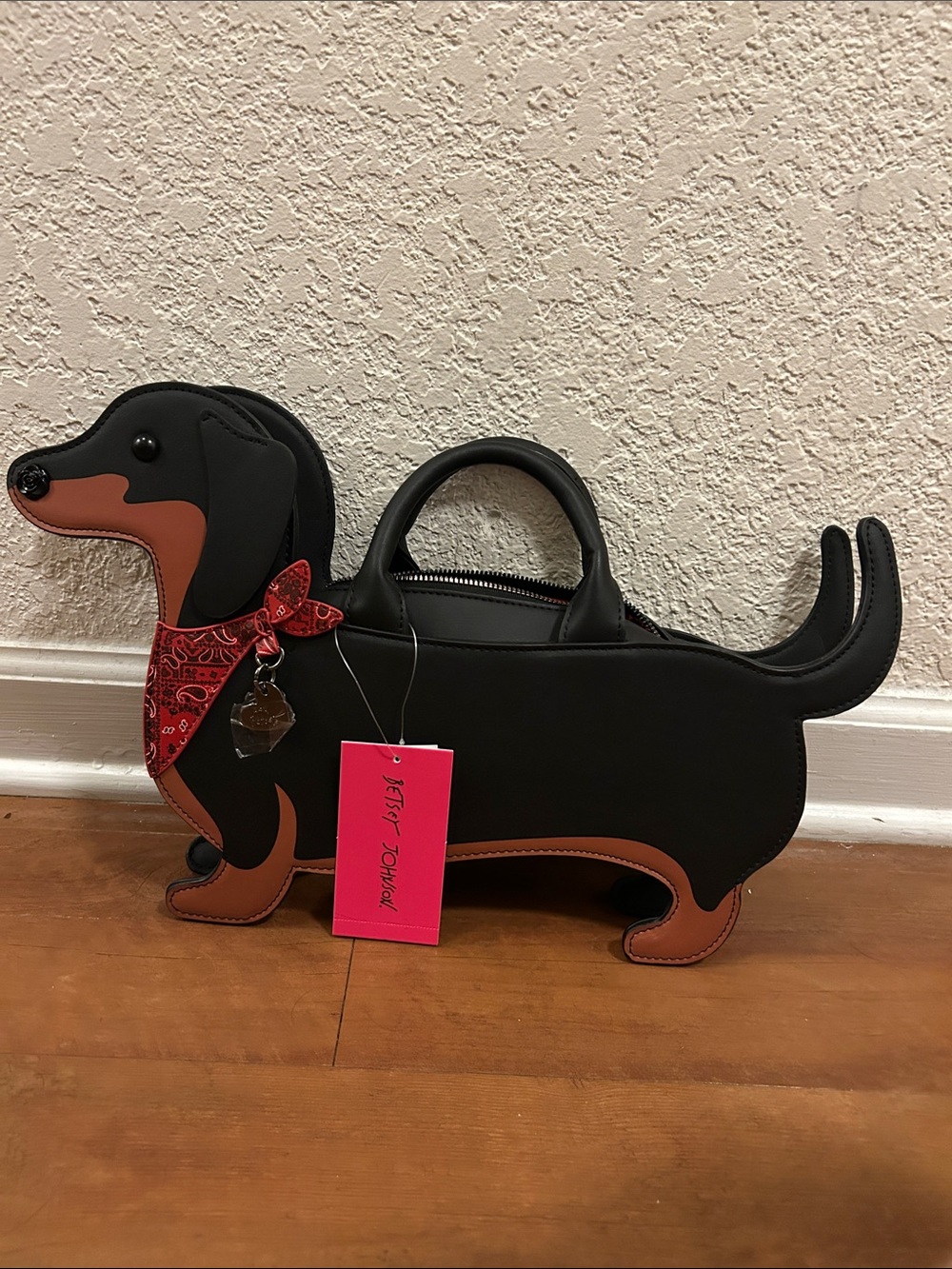 Dachshund Novelty Handbag in Black and Brown with Red Bandana